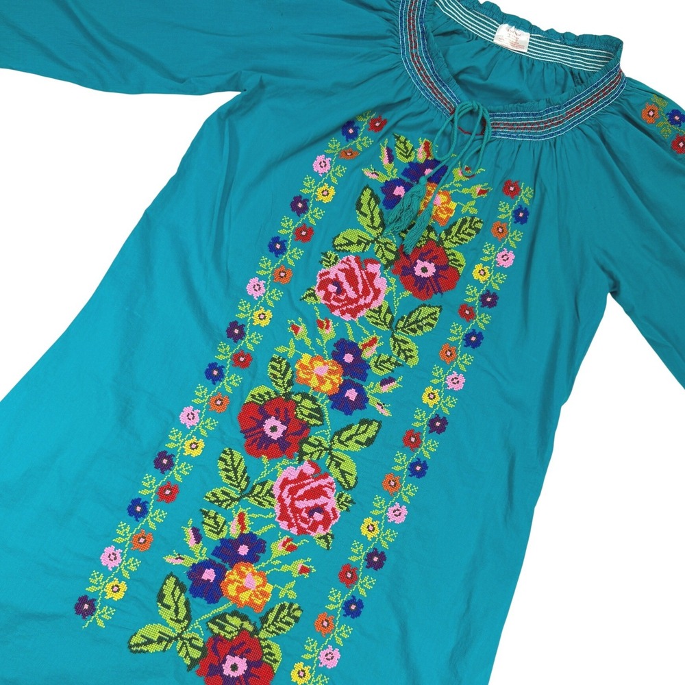 Star‎ India Tunic Dress Womens Medium Teal Blue Embroidered Floral Cotton Boho